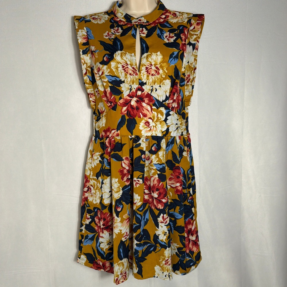 Farm Rio Dress Floral Keyhole Sleeveless Mini Mustard Yellow Large Women